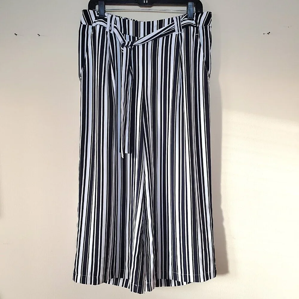Cato Navy/White Striped High Rise Belted Wide Leg Pants SZ L - Picture 3 of 10